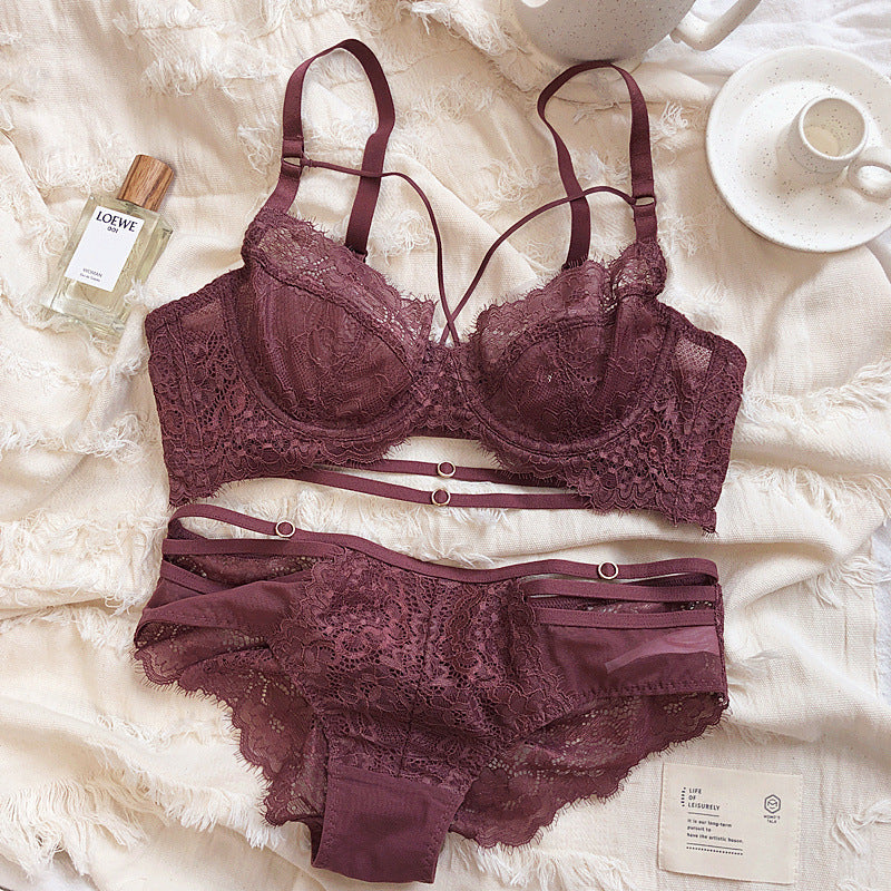 Sexy Strappy Lace Underwire Bra & Panty Set Women's Sexy Lace Gathered Bra Set