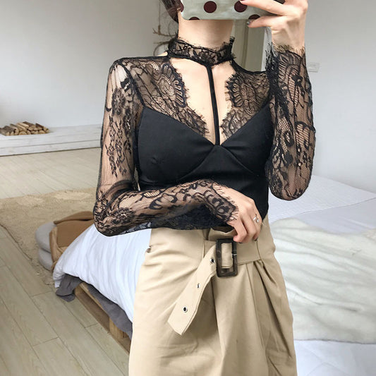 Sheer Lace Mock Neck Crop Top – Elegant Long Sleeve Layered Blouse for Women Design Sense Niche Spring Clothes Foreign Style All-match Long-sleeved Top Clothes