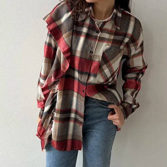 Plaid Lapel Long Sleeve Cardigan Shirt  For Women's