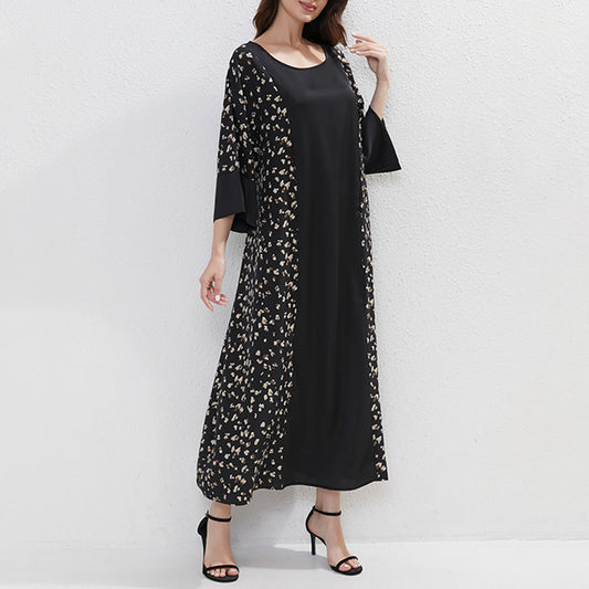 Ethnic Floral Print Tunic Dress With Belt, Middle Eastern Style Muslim Long Dress