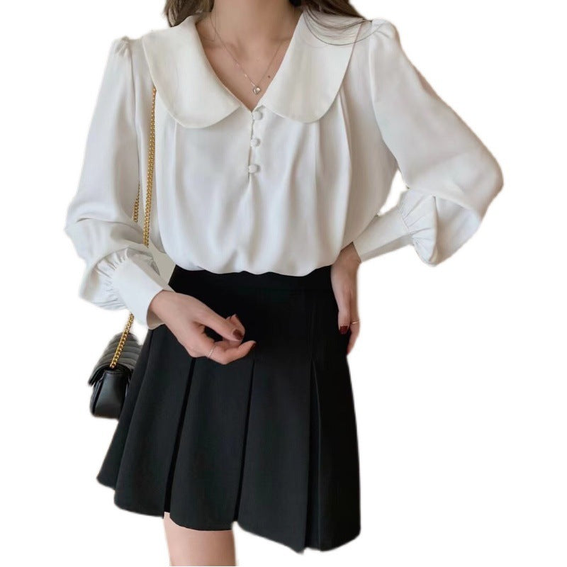 Peter Pan Collar Blouse – Vintage-Inspired Long Sleeve Button-Up Shirt for Women Doll Collar Chiffon Shirt Puff Sleeve Top