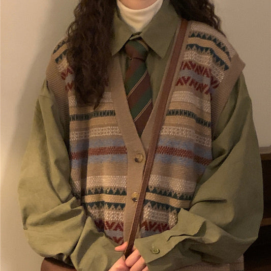 Retro Knit™ Vintage Patterned Sweater Vest – Cozy Academia Aesthetic Korean Style Loose Knitted Collar Top