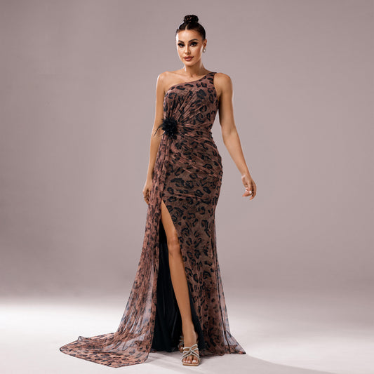 One-Shoulder Floral Evening Gown with Sheer Train & High Slit Diagonal Collar Leopard Sequined Evening Dress For Women's