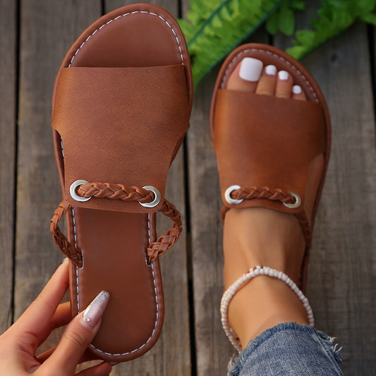 Trendy Flat Slide Sandals with Braided Strap & Toe Ring Simple Daily Beach Slippers