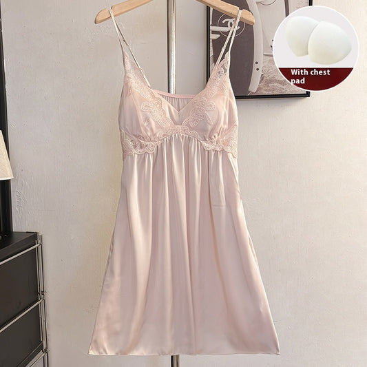 Slip Nightdress Ice Silk With Chest Pad For Women