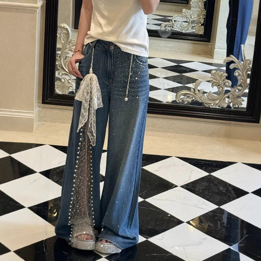 Lace Stitching Rhinestone Jeans
