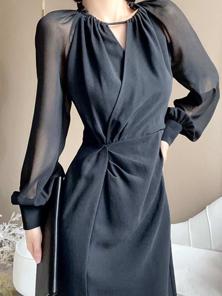 French Waistband Black Chiffon Dress