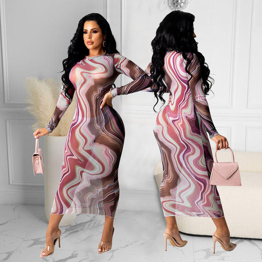 Sexy Mesh See-Through Print Long-Sleeved Dress