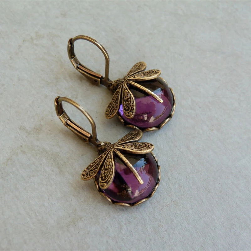 Vintage Inspired Dragonfly Dangle Earrings with Iridescent Cabochons