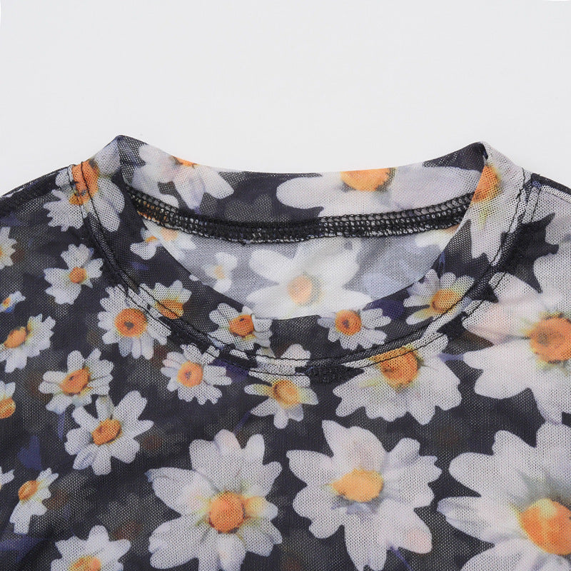 French Retro Slim Mesh See-Through Daisy Dress