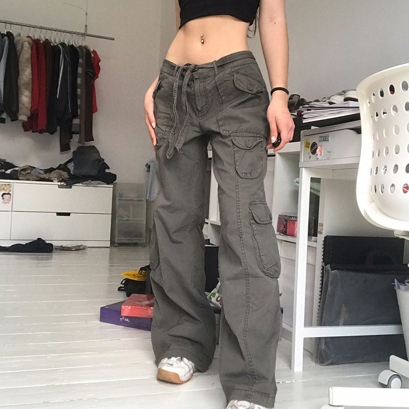 Multi-Pocket Cargo Pants – Streetwear Baggy Fit Retro Grey Work High Waist Jeans For Women European-American Style