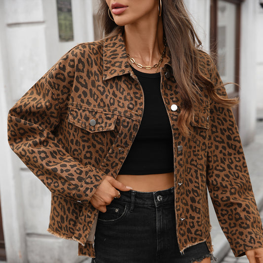 Loose Street Style Personalized Leopard Print Denim Short Jacket
