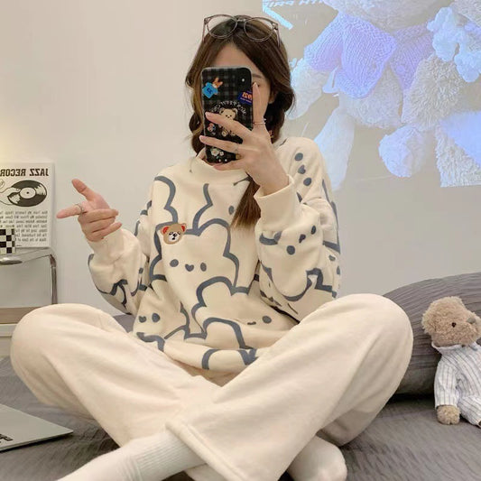 Cozy Bear Print Pajama Set - Soft Fleece Loungewear for Women Foreign Flannel Pajamas Suit Women