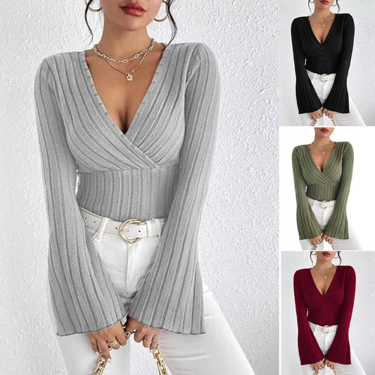 Autumn And Winter Rib Sunken Stripe V-neck Flared Slim-fit Long Sleeve T-shirt Elegant Women's Top