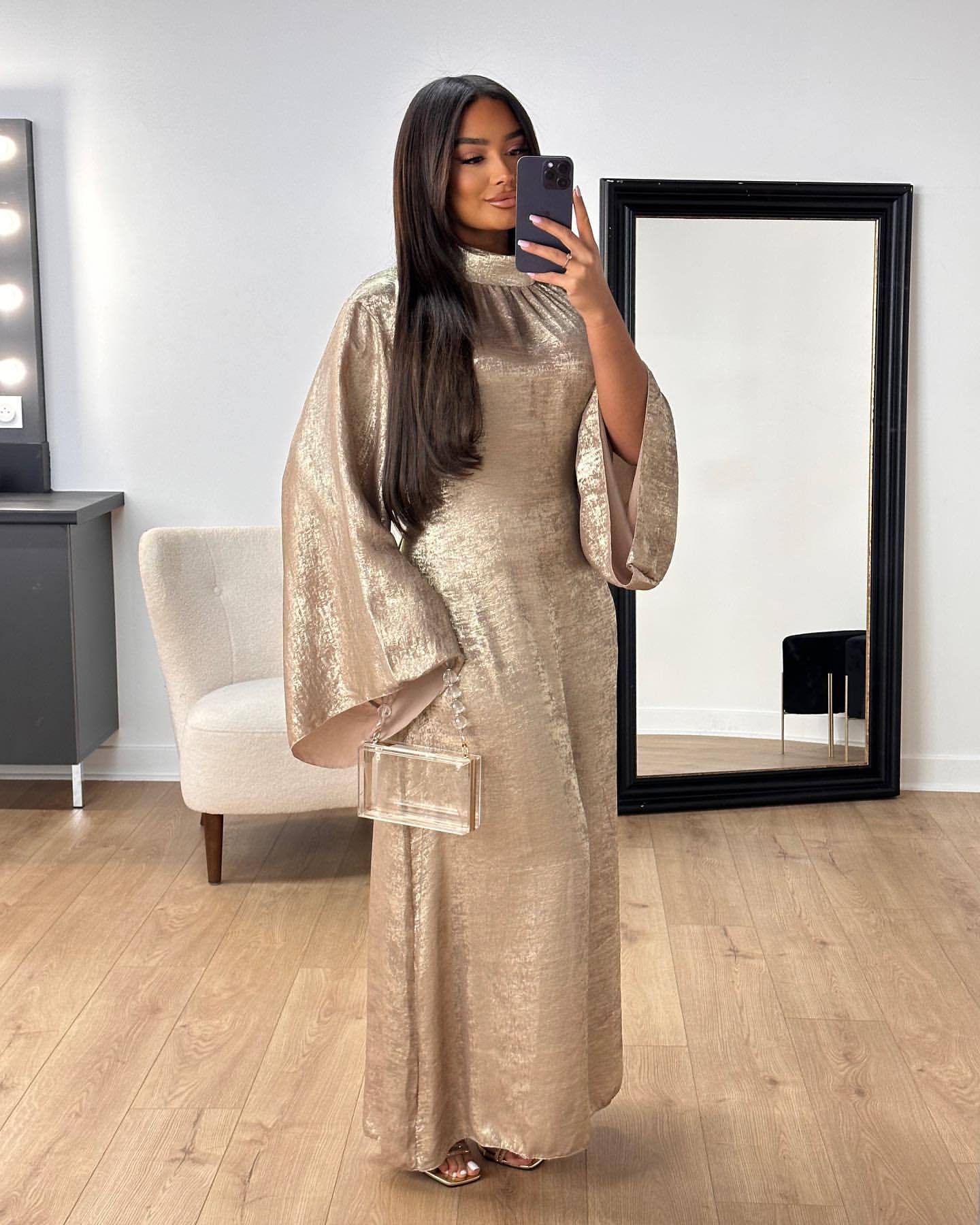 Elegant Metallic Shimmer Satin Maxi Dress Women's Fashion Stitching Dubai Turkey Elegant Dress