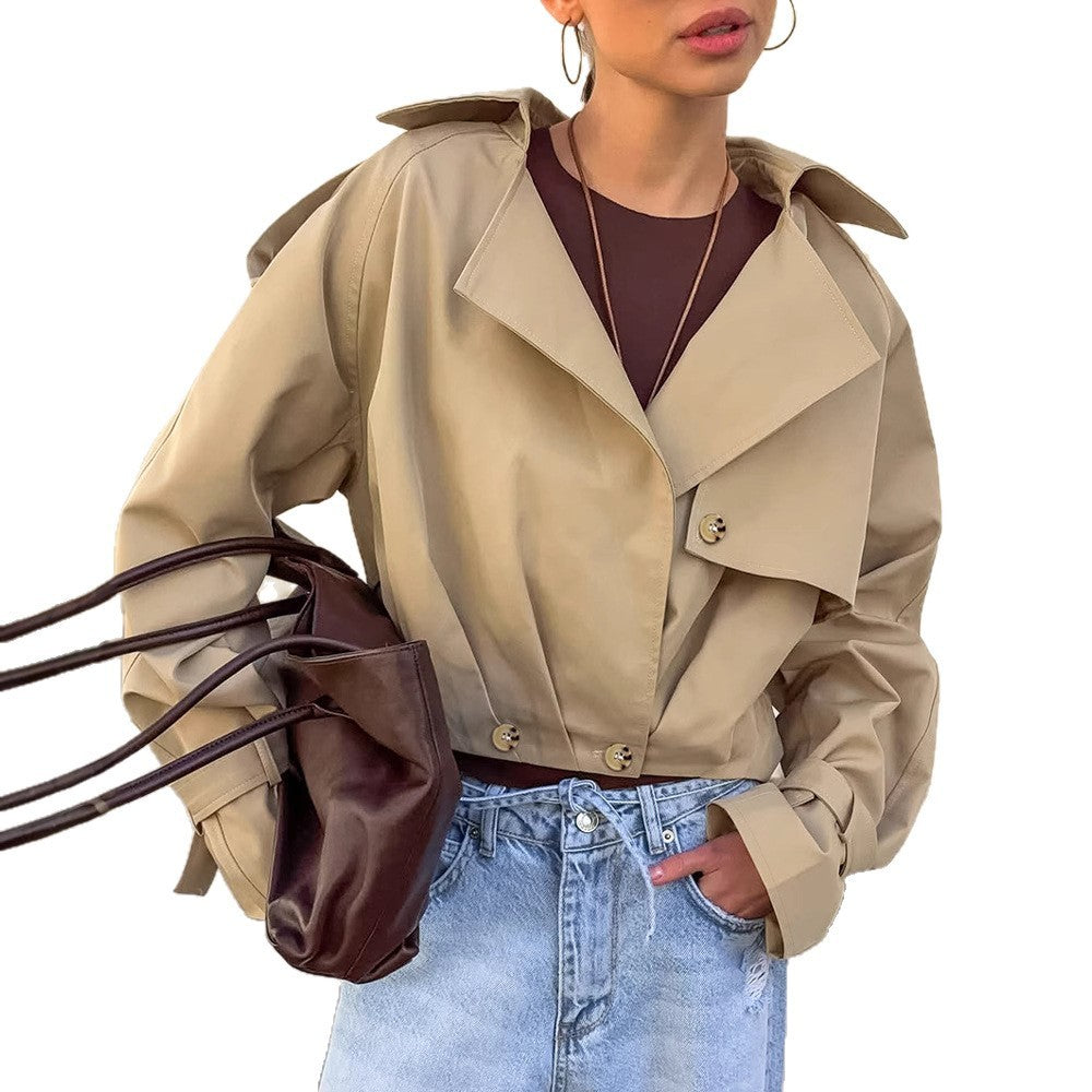 Khaki Double Breasted Blazer Collar Coat
