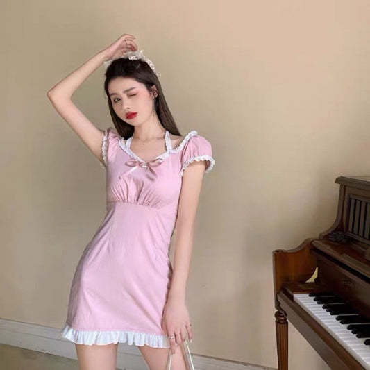 Autumn New Style French Slim Hot Girl Lace Design Short Dress