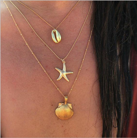 Bohemian Beach Theme Multi-Layer Necklace Popular Accessories Alloy Starfish Scallop Shell Necklace For Women