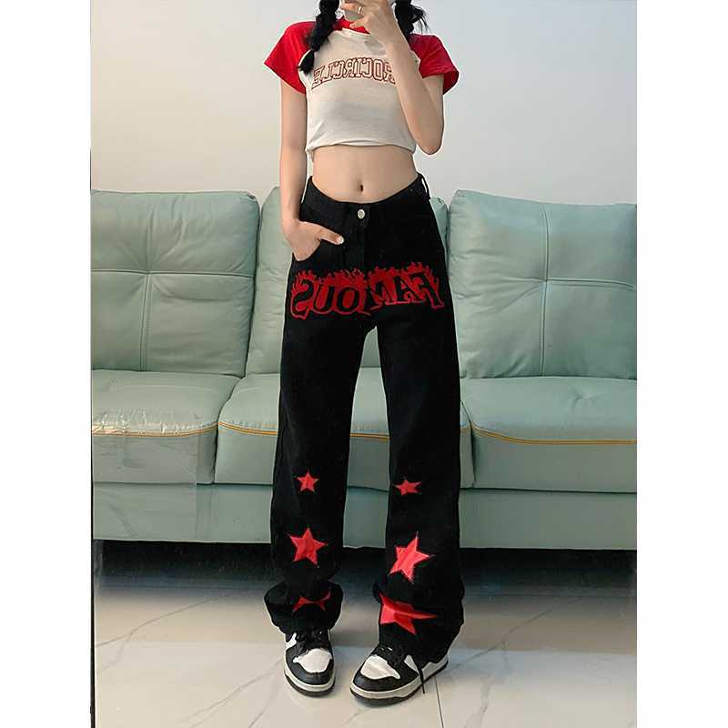 Y2K Famous Star Print Baggy Pants – Black Wide Leg Streetwear Jeans Red Star Letters Jeans For Women High Waist Casual Trousers