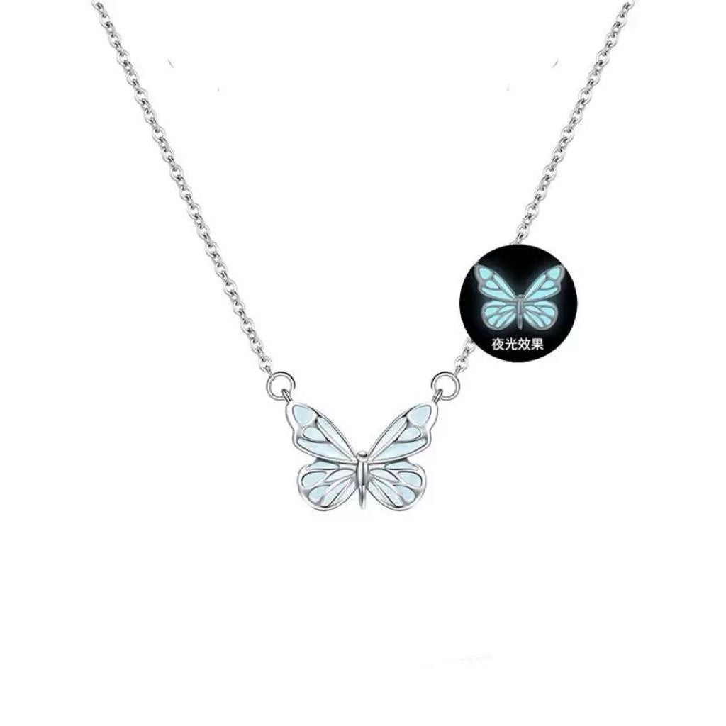 Enchanting Glow-in-the-Dark Butterfly Necklace & Bracelet Set Fashion Blue Luminous Butterfly Necklace Bracelet Set For Glow In The Dark Women Clavicle Chain Choker Party Jewelry Set Gift