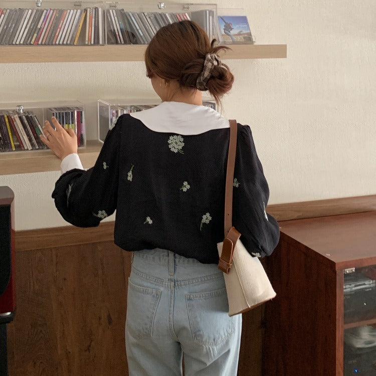 Vintage Style Peter Pan Collar Blouse - Floral Embroidery Shirt Lapel Black Embroidered Shirt Women