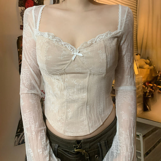 Lace Chest V-neck Lace Slim Fit Patchwork Top