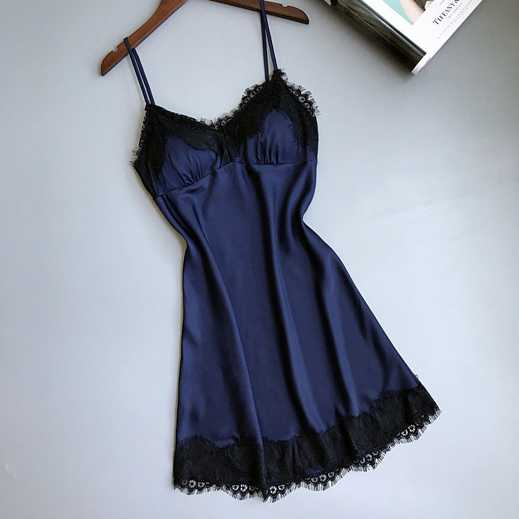 Sexy Satin & Lace Slip Dress Nightgown V-neck Lace Hem Strap Nightdress