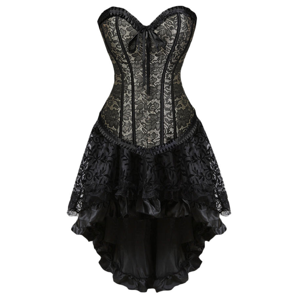 Gothic Steampunk Corset Dress with High-Low Lace Skirt Classic Flounce Jacquard Adjustable Court Body Shaping Two-piece Suits Flocking Luxury Dress