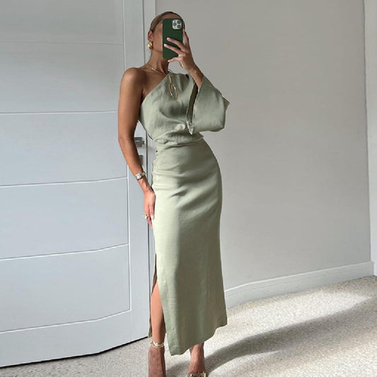 Oblique One-shoulder Silk Twill Texture Slim Dress For Women's