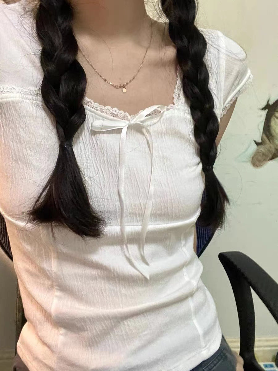 White Square-cut Collar Lace Edge Lace Bow Short Sleeve T-shirt