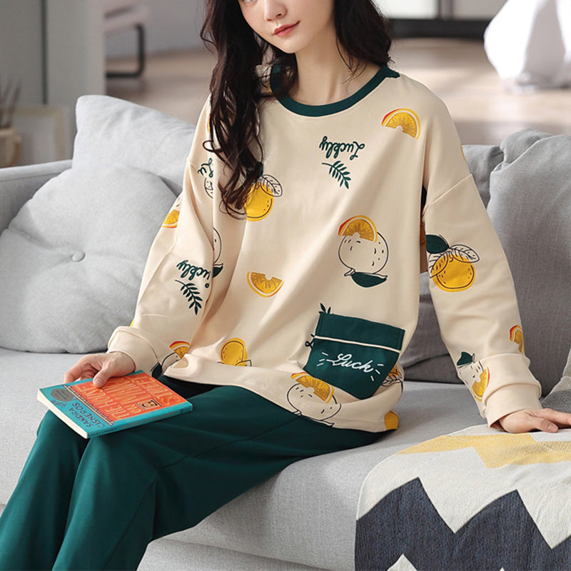 Comfy Women's Cartoon Pattern Sleepwear Set Loose Print Pajamas Women Autumn Winter Pajama Set Long Sleeves And Trousers Elegant Sleepwear Girl Loungewear Home Clothes