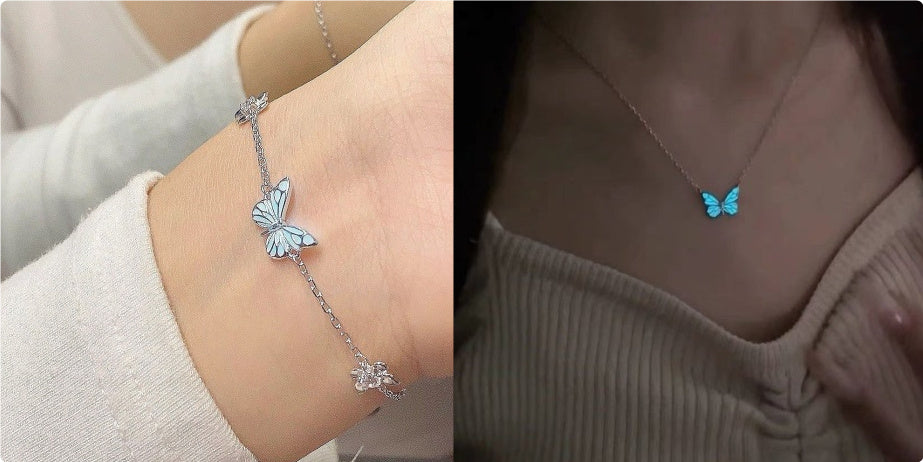 Enchanting Glow-in-the-Dark Butterfly Necklace & Bracelet Set Fashion Blue Luminous Butterfly Necklace Bracelet Set For Glow In The Dark Women Clavicle Chain Choker Party Jewelry Set Gift