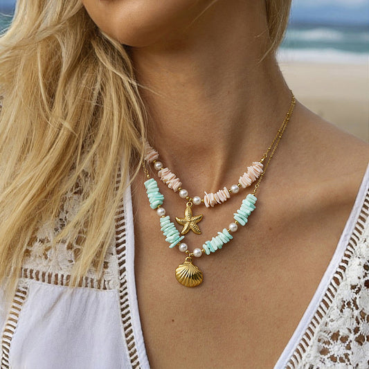 Mint Green Shell Patch Pearl Shell Pendant Necklace Jewelry For Women's
