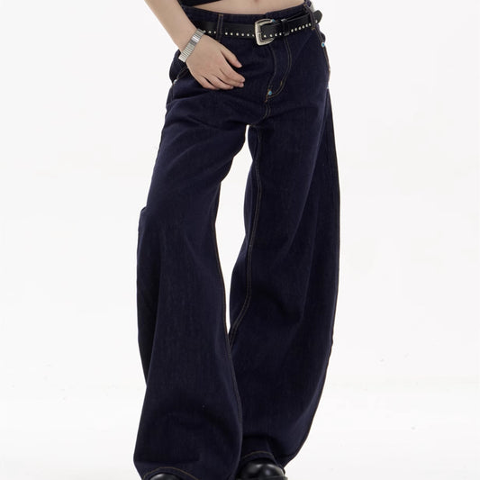 Retro Dark Blue Jeans Loose Straight Casual Wide-leg Pants