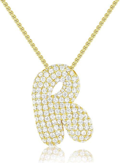 Custom Initial Necklace | Sparkle Alphabet Pendant Brass Zircon Balloon English Letter Necklace