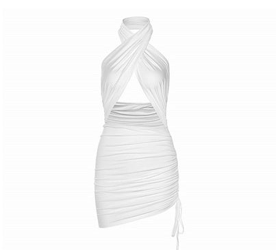 Bodycon Strappy Halter Club Dress with Front Cutout Solid Color Hanging Neck Sexy Backless Dresses