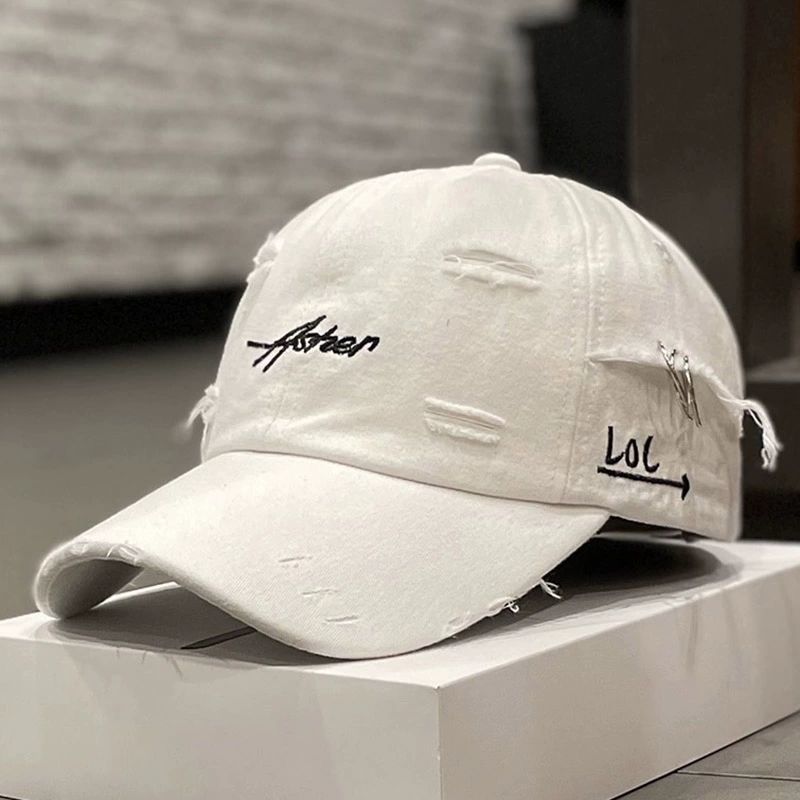 Korean Distressed "LOL" Embroidered Baseball Cap Ins Retro Tattered Jeans Soft Peaked Cap Women