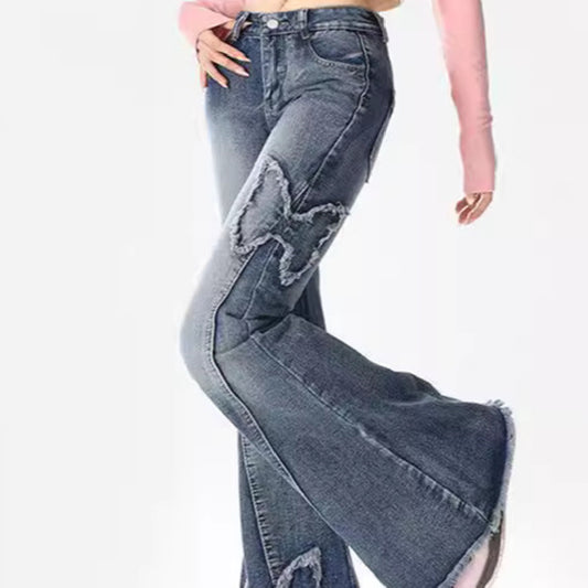 Butterfly Bliss – Flared Denim with Y2K Edge American Retro Butterfly Embroidery Slightly Flared Jeans Women