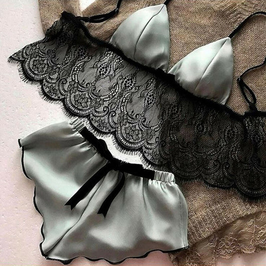 Luxury Satin Lace Sleepwear Set – Soft, Sexy & Stylish Satin underwear bra shorts set