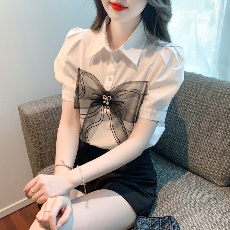 Lapel Bow Mesh Patchwork Top