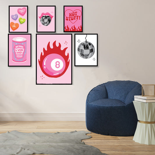 Aesthetic Y2K Inspired Wall Art Prints with Hearts & Lips Mouth Poster Vintage Illustration