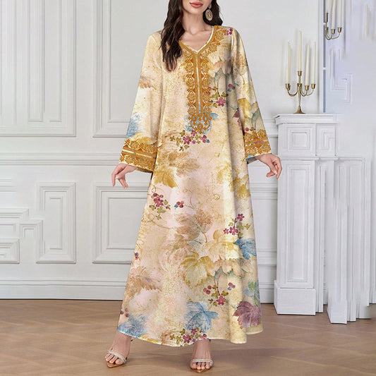 Chic Bohemian Floral V-Neck Maxi Dress, Elegant Golden Long Sleeve Loose Fit Casual Dress