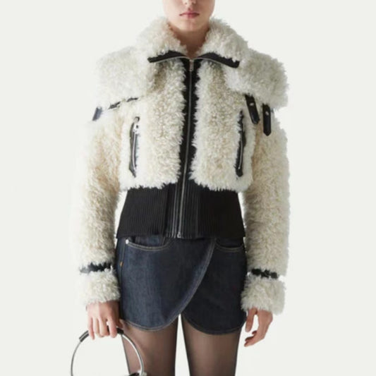 Lamb Wool Stitching PU Leather Zipper Jacket Women's