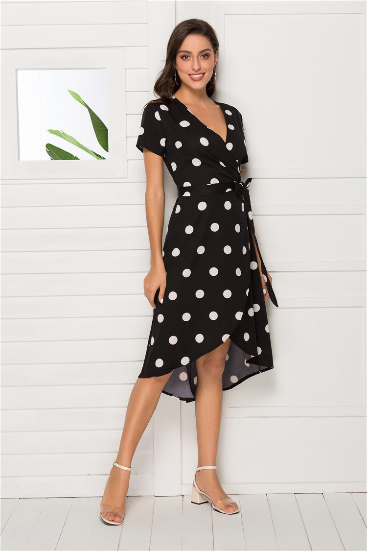 Elegant Tie-Waist Flowy A-Line Dress Short sleep Polka Dot Dress