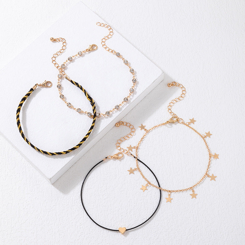 Summer Beach Foot Jewelry with Heart Charm Korean Style Alloy Diamond XINGX Pendant Anklet Four-piece Set