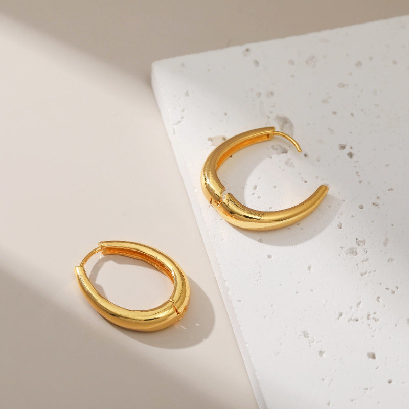 Classic Gold Plated Oval Hoop Earrings | Chunky & Minimalist Design 18K Real Gold Geometric Round Atmospheric Ear Buckles