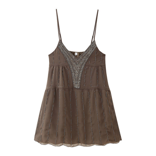 V-neck Beaded Sequins Embroidered Slip Top