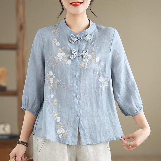 Chinese Button Knots Embroidered Women's Three-quarter Sleeve Cotton And Linen Top
