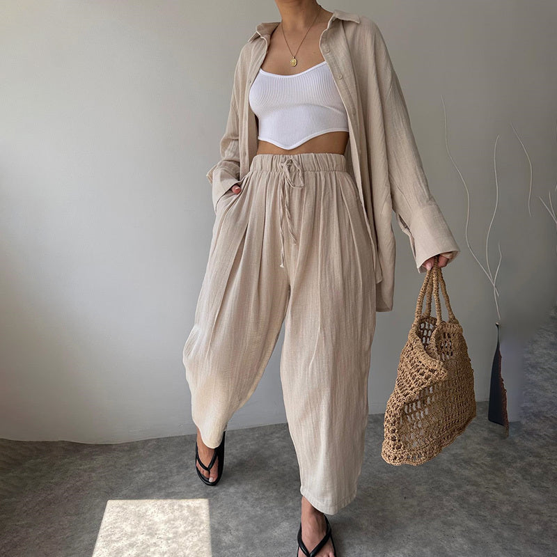 Solid Color Lapel Collar Long Sleeve Shirt & High-Waist Pants Set - Casual Loose Fit Outfit