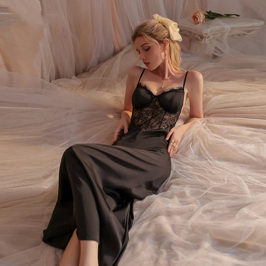 Alluring Black Satin Lace Trim Nightdress | Silky Smooth Slip Women's Satin Stitching Lace Nightdress